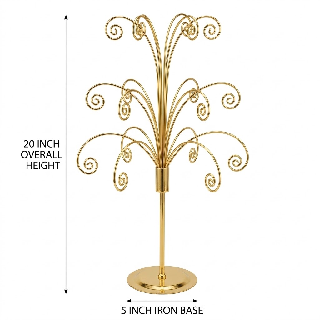 HOHIYA 20 Inch Tabletop Ornament Display Tree Metal Christmas Tree Stand for Desk and Mantel Small Jewelry Tower with Hooks Perfect Holiday Gift Brass Gold